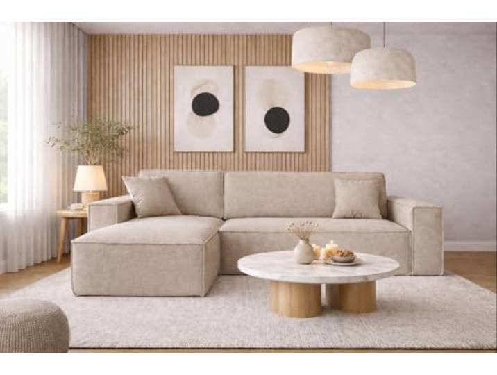 Kaiser Möbel, Ecksofa mit schlaffunktion, mit Bettkasten, Schlafsofa Best, Designer L-Form Sofa, Modern Design Couch, Polsterecke, Freistehend, Stoff Neve Beige Links