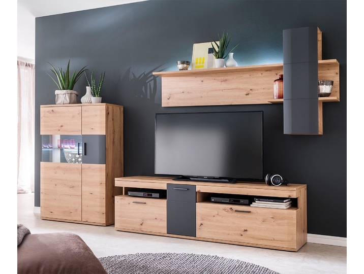 Highboard Farum 90 x 130 cm Eiche Optik Glasvitrine 3 Türen, Vitrinen