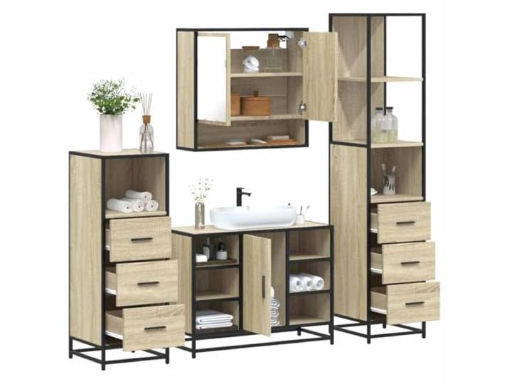 ZQQLVOO 4-TLG. Badmöbel-Set Sonoma-Eiche Holzwerkstoff Metallgestell, Lowboard, Wandmontage, Spiegelschrank, Waschbeckenunterschrank, Stauraum, Bad