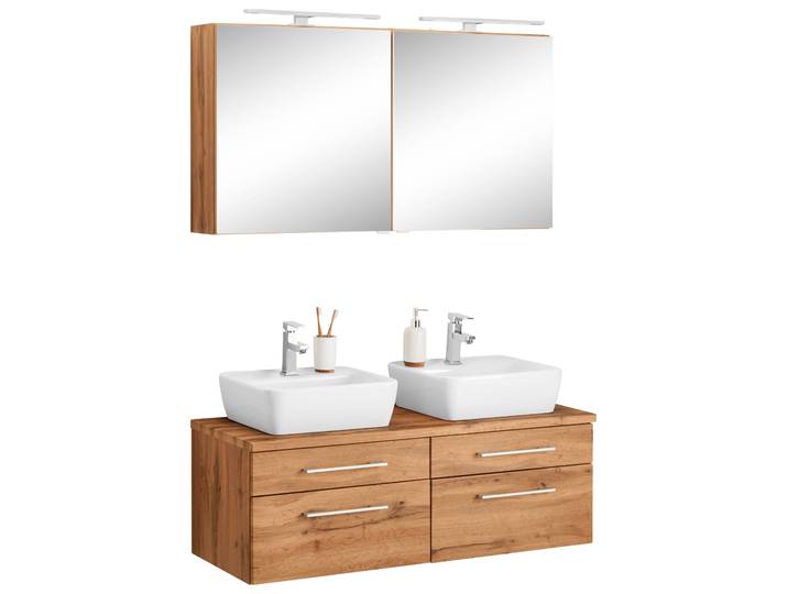 Badmöbel-Set WELLTIME Davos , braun (eichefarben), Kastenmöbel-Sets, Badmöbel-Set, mit 2 LED-Spiegelschränken