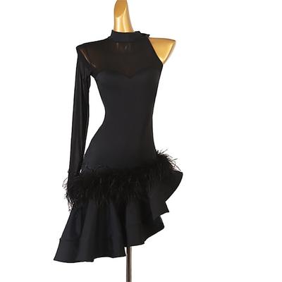 Damen schwarz schräge Schulter Feder Rumba Latin Dance Praxis Kleider Performance Kleider