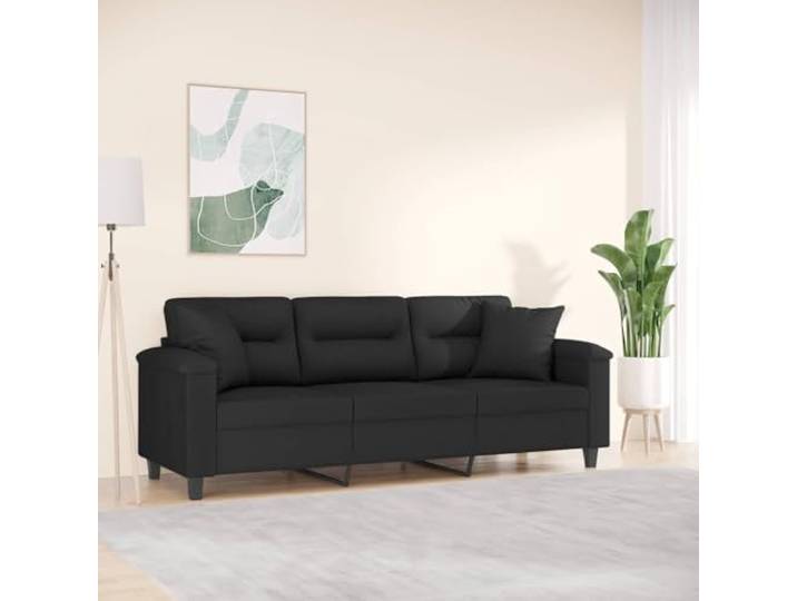 HEFZGDB 3-Sitzer Sofa 180 cm Schwarz Mikrofasergewebe mit Zierkissen – Modernes Wohnzimmer Sofa mit strapazierfähigem Metallgestell und komfortabler Polsterung für langlebige Nutzung