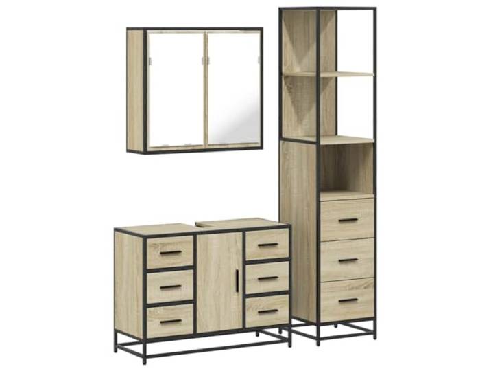 POUFGDR 3-teiliges Badezimmermöbel-Set, Eiche, Sonoma, Wandschrank Industrieller Metallrahmen, Holzwerkstoff, Spüle, Wandmontage, platzsparend, optimale Aufbewahrung