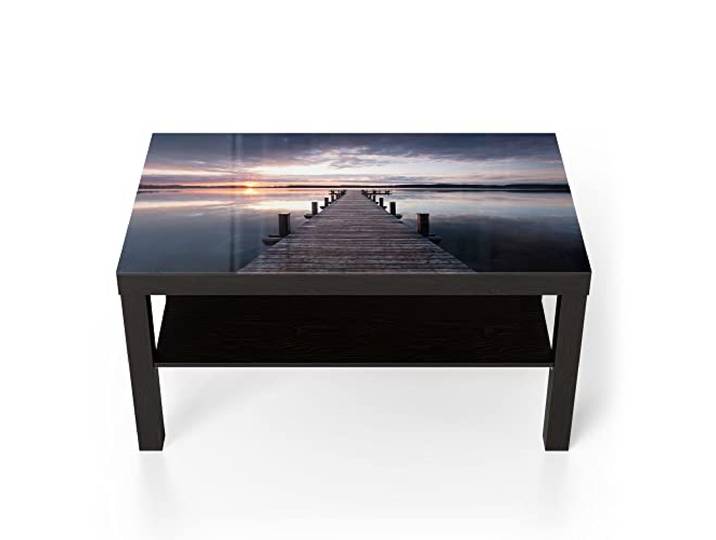 DEQORI Glastisch schwarz groß 90x50 cm Motiv Steg bei Sonnenuntergang ausgefallener Beistelltisch aus Glas Hochglanz Couchtisch fürs Wohnzimmer moderner Couch Tisch mit Design