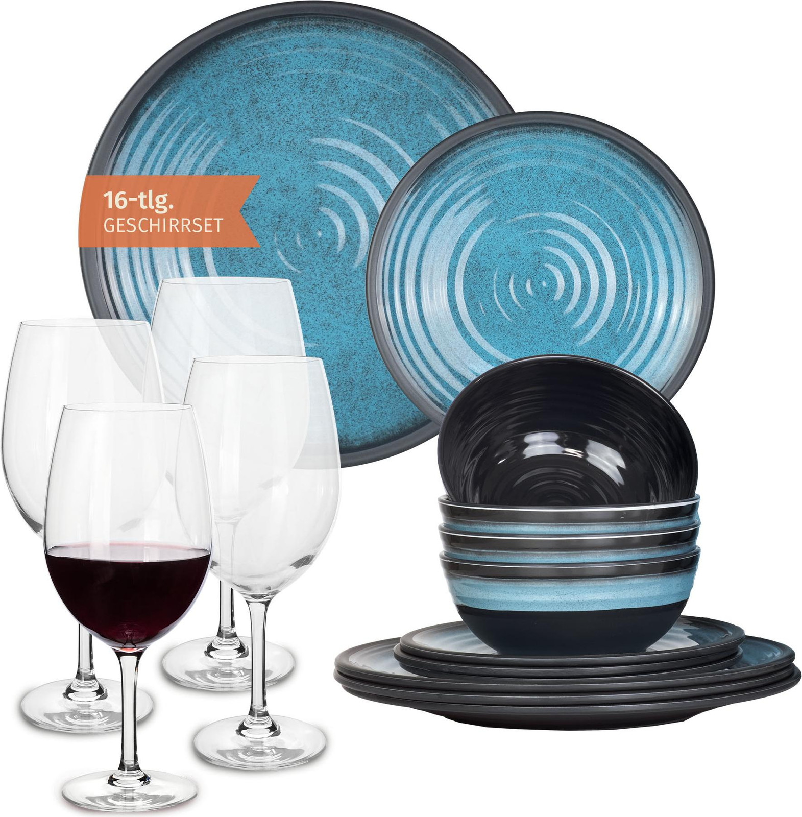 Moritz Combined Service Geschirr Stone Blue en Tiamo Rotwein