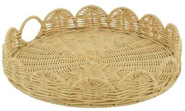 Saro Lifestyle "Round Scalloped Rattan Serving Tray with Handles - Handwoven Natural Wicker Decorative Tray for Coffee Table, 14""x3"""