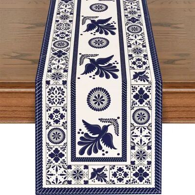 Modern Mode Marketplace Talavera Floral Bird Linen Table Runner Mexican Fiesta Decor b 70.8x13inch