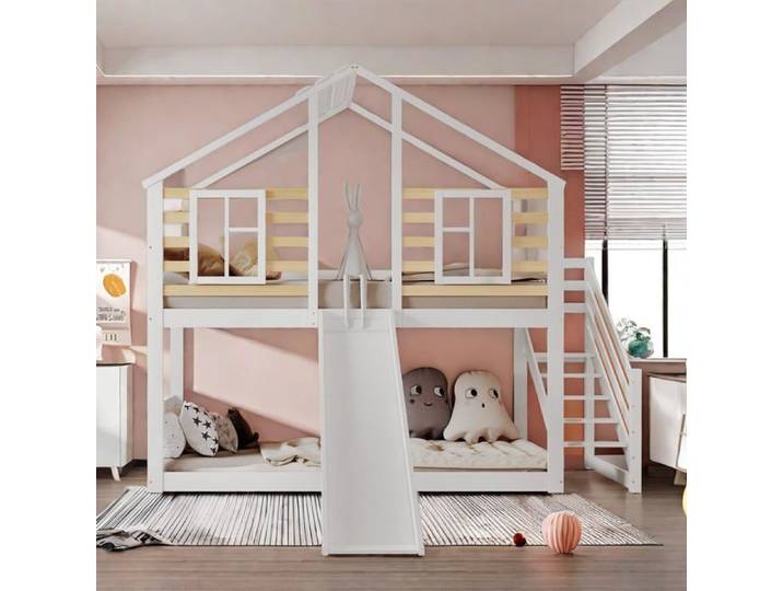 Lit cabane Enfants 90x200 Lit superposé Enfant lit Double lit Simple Avec Escalier Toboggan Et Fenêtre Protection Antichute