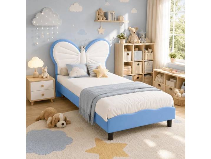Lit enfant 90x200 cm PU - Design papillon bleu/blanc - Chambre enfant/ado - Style moderne ludique - Revêtement facile à nettoyer