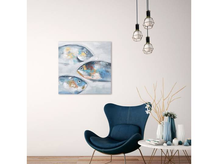 Toile décorative Poissons dorés et bleus Tissu mélangé Multicolore 70 x 70 x 4cm