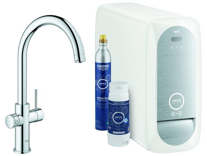 Grohe Blue Home Mitigeur monocommandé pour évier Starter Kit\, portée 224mm\, bec en C\, avec fonction filtre et refroidissement\, 31455001