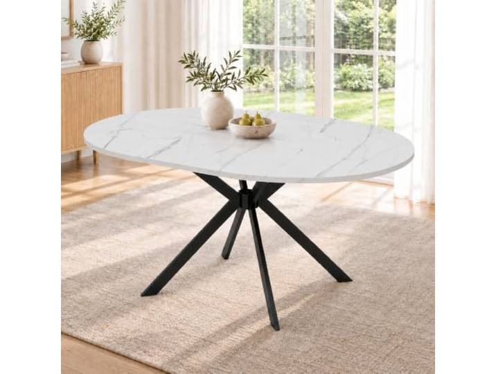Esstisch 100/140 x 100 cm, ausziehbar, 4–6 Personen - Weiß Ausziehbarer Esstisch 100/140 x 100 cm für 4–6 Personen mit runder/ovaler Tischplatte und Metallbeinen