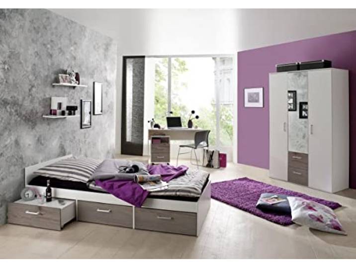 Jugendzimmer Berlin weiß matt eiche nelson 5-tlg. EAN 4260498522767 Mit Kojenbett, Schrank, Wandregal-Set, Schreibtisch und Rollcontainer