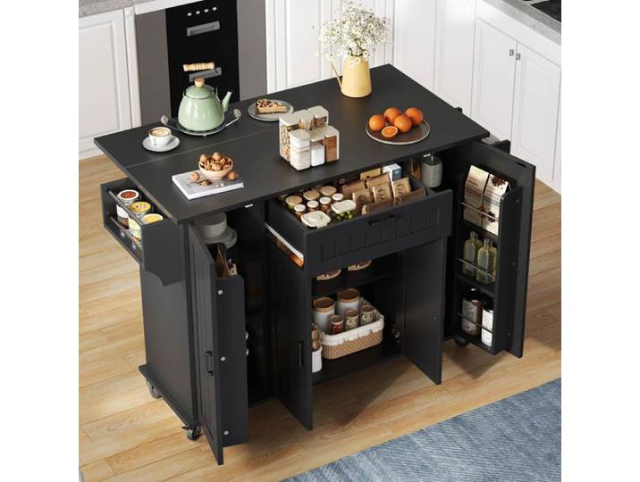 Desserte Cuisine avec Plan de Travail Pliable Roulettes et Pieds Amovibles 4portes Îlot Central Buffet Cuisine 120×45(70)×95cm Noir