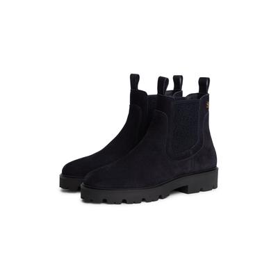 Chelseaboots TOMMY HILFIGER "TH MONOGRAM SUEDE CHELSEA BOOT", Damen, Gr. 37, Leder Textil, dunkelblau, Elastischer Einsatz, Veloursleder, Schuhe Chelseaboots, Blockabsatz, Schlupfboots, Stiefelett mit TH-Schmuckelement