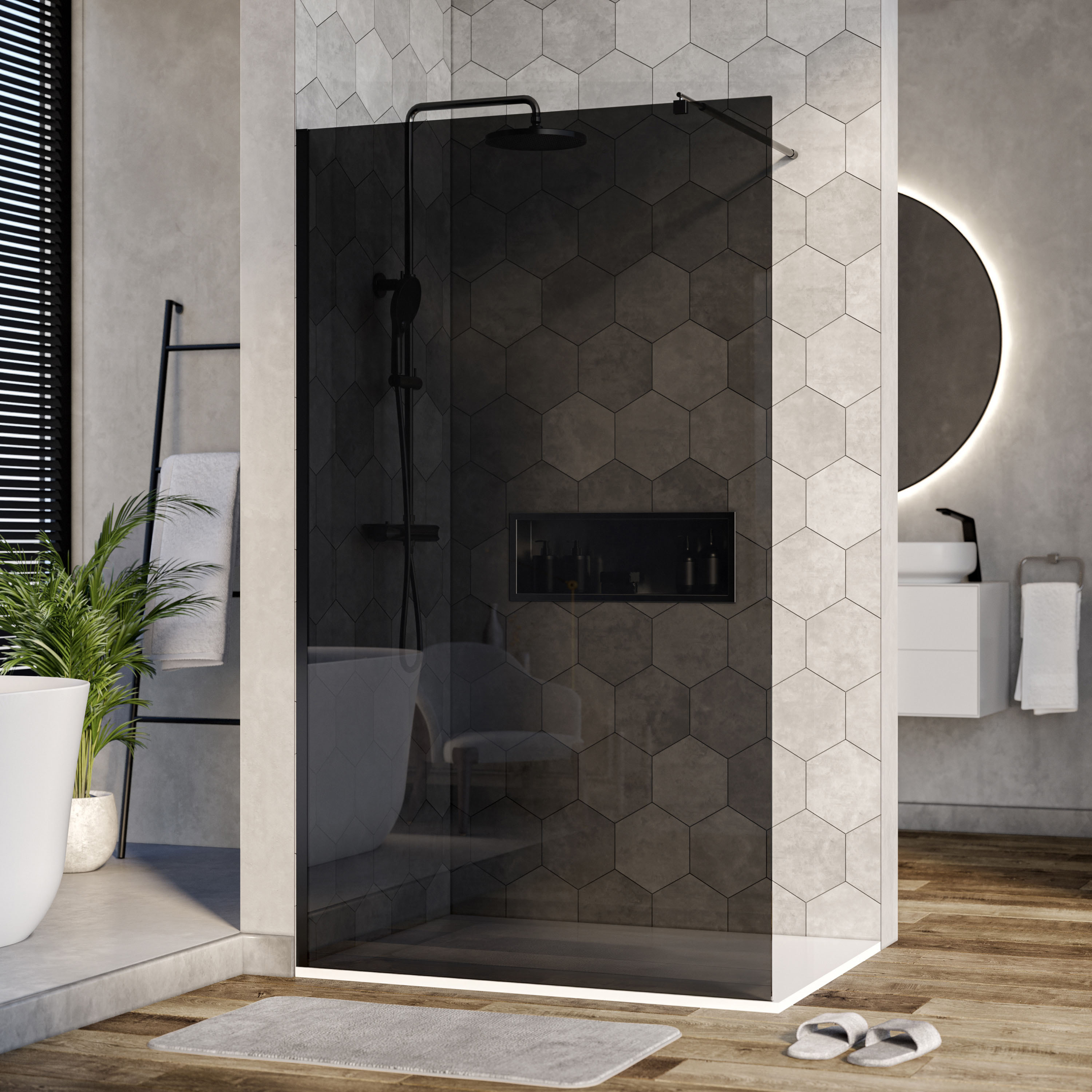 Duschabtrennung Walk-In Nano EX101 - Graues Glas - 8 mm - Wandprofil Schwarz - Breite wählbar, Breite Walk-In:1100mm
