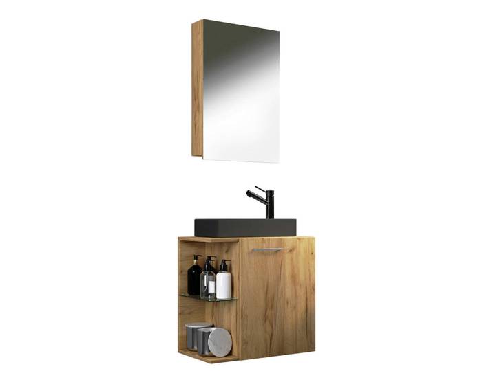 Mid.you Gästebad Hausa BL, Honigeiche, Glas, Keramik, 2-teilig, 1 Fächer, 0 Schublade(n) Schubladen, 52 cm, hängend, Badezimmer, Badmöbelsets & Badmöbelserien, Gästebad