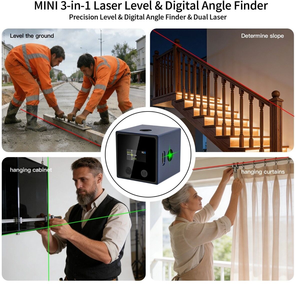 INF 4-in-1-Mini-Laser-Nivelliergerät mit 0,01° Genauigkeit, 0–360°-Neigungsmesser und Infrarot-Grünlicht Dunkelblau