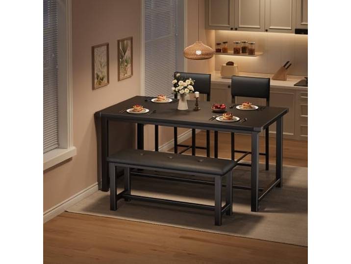 Garvee Esstisch Set 4-Teilig, Esszimmertisch Mit 2 Gepolsterte Stühlen & Banken Esszimmergruppe Für 4 Personen Rechteckig Küchentisch-Set Für Wohnzimmer, Esszimmer, Küche, Schwarz