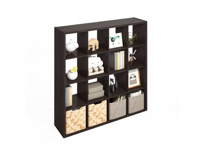 Furinno Simple Würfel-Aufbewahrungsorganizer, 16-Würfel Display-Regal, offenes Rückseitenregal, Aufbewahrungsregale, extra Dickes Gestell, Dunkle Eiche