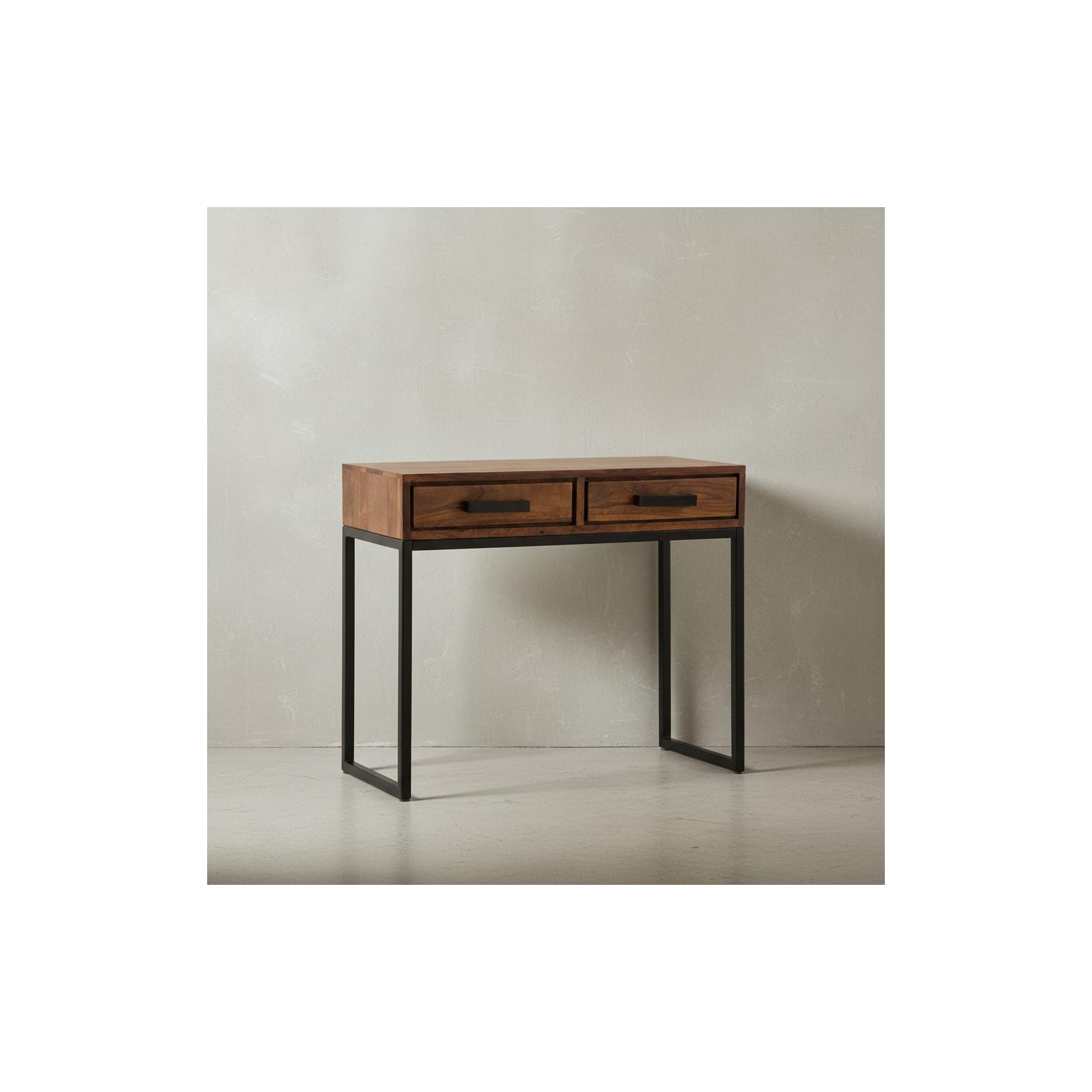 KADIMA DESIGN Massiver Sheeshamholz Konsolentisch mit schwarzen Metallbeinen, Industrial Style, geräumige Schubladen
