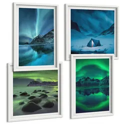 BILDER SET 4er Set - 50x50 cm & 40x60 cm Weißer Rahmen - Winterlandschaft mit Nordlichtern