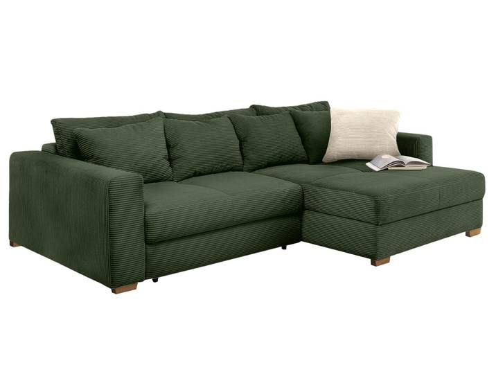 Ecksofa-Dauerschläfer Federkern Schlafcouch seitenverkehrt Bettkasten Cord Grün / 15156