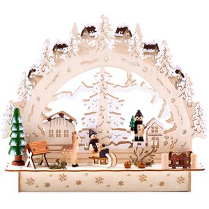 BRUBAKER Schwibbogen 3D Winterlandschaft mit Dorf, 9 LEDs mit Batterie- und Netzbetrieb, aus Holz, 27,5 x 24,5 cm