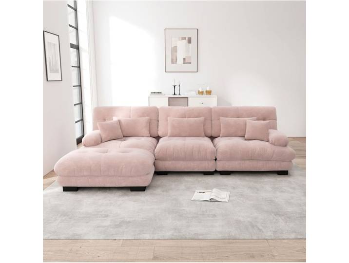 WOVREO Canape d'angle modulable en L 3 places avec ottomans chenille vintage rose