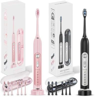 Uplifted Finds Subort S7 Sonic Electric Toothbrush Rechargeable With Smart Timer And Replaceable Heads pink And Black Set
