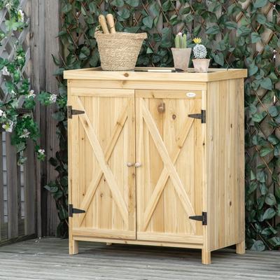 Outsunny Garden Storage Cabinet, Outdoor Tool Shed with Galvanized Top and Two Shelves for Yard Tools or Pool Accessories