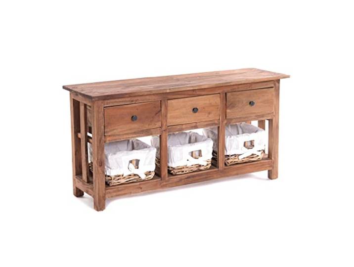 DESIGN DELIGHTS Holz KOMMODE 98 cm, Massivholz, mit Rattan Körben & Schubladen Holzkommode, Vintage Sideboard, Anrichte
