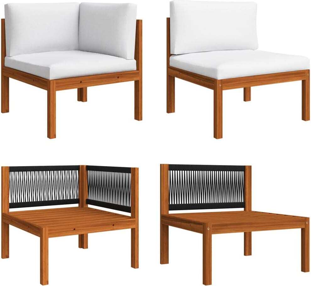 Modulares Garten-Lounge-Set, 2-teilig, Akazienholz geölt, Seilgeflecht Schwarz, Cremeweiße Kissen, Mittel- & Ecksofa je 65x65x60 cm