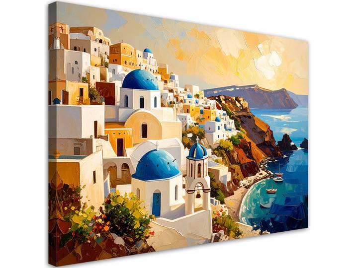 Feeby Leinwandbild Santorini Griechenland Gemaltes Landschaftsbild 100x70cm, Beige, Stadtarchitektur, Rechteckig, 100x70 cm, Bilder & Rahmen, Bilder, Leinwandbilder