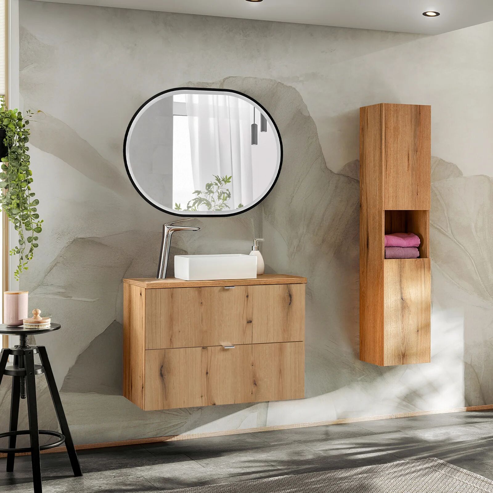 garneroarredamenti Mobile bagno sospeso 80cm con colonna rovere Rovery