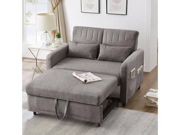 Merax Sofabett mit Schlaffunktion, ausziehbares Zweisitzer Schlafsofa, mit verstellbare Rückenlehne, atmungsaktiver Baumwoll-Leinen-Stoff, inkl. Kissen, für Wohnzimmer & Schlafzimmer, Grau