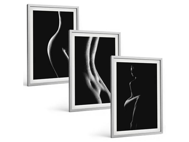 Tulup Bilder SET 3er Set - 40x60 cm Silberner Rahmen - Schwarz-weiße weibliche Silhouetten, Silberfarben, Kunststoff, Rechteckig, 40x60 cm, Fotografie, Bilder & Rahmen, Bilder