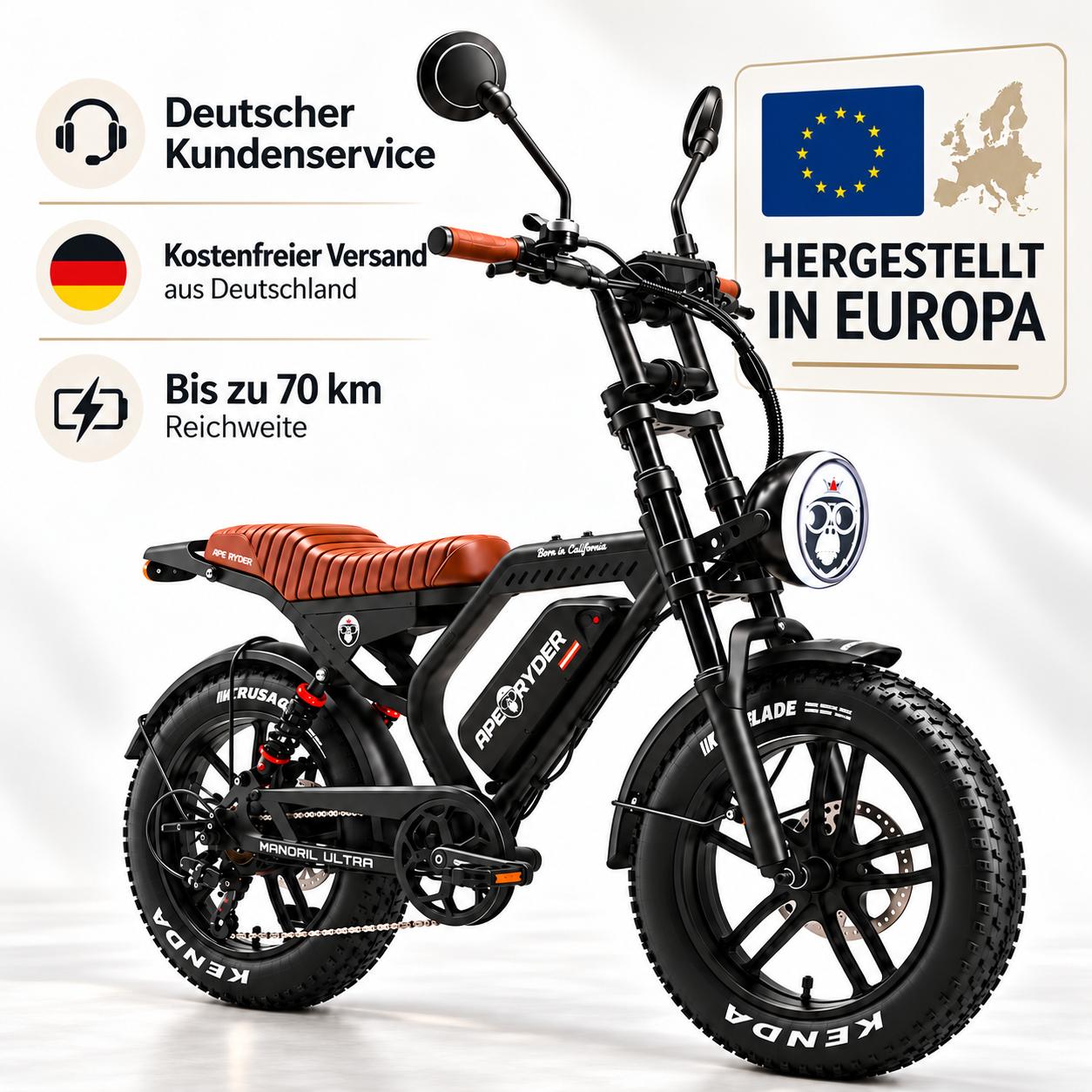 APE RYDER Genon Ultra E-Bike 20 Zoll Fatbike, 250W Motor, 48V 15Ah Akku (70km), Shimano 7-Gang, Doppelscheibenbremsen,Schwarz