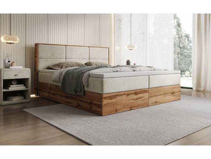 Boxspringbett Timber Panel mit Stauraum in Samt - 180x200 - Dunkelbraun - H4 (100kg+) - Luxusbetten24