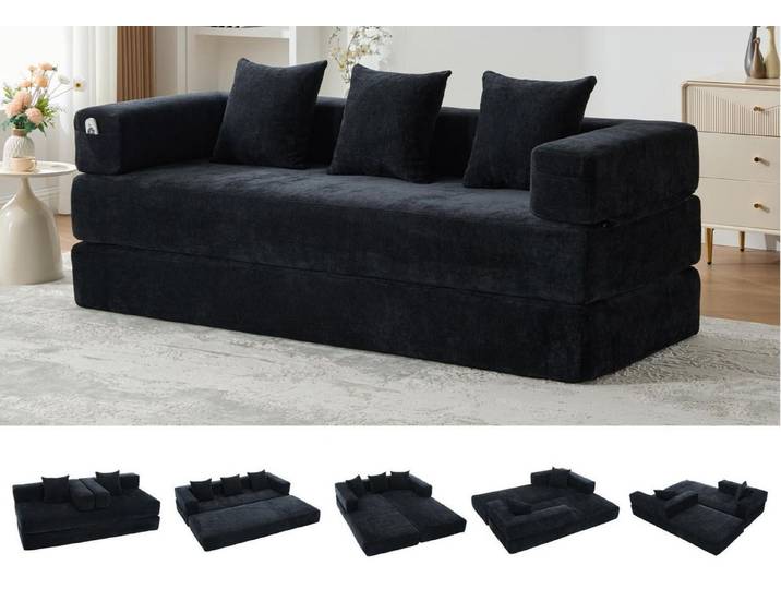 LVHOM Loungesofa 3 Sitzer Sofa mit Schlaffunktion, Formveränderung, mit Seitentaschen, Rutschfeste Unterseite, zwei Kissen verbunden mit Reißverschluss, modular frei kombinierbar (mit festen Armlehnen) für Sofa/Liege/Spielzentrum. Premium Chenille (superweich). Schaumstoff-Füllung (schnelle Rückfederung). Tiefe Sitzfläche (Komfort), in Wohnzimmer,Kinderzimmer, Homeoffice, Leseecke, Spielzimmer