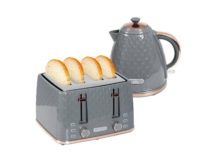 FELIXLEO Warmhalteplatte 2-in-1 Küchenset Toaster Wasserkocher 1,7 L 4 Scheiben Grau