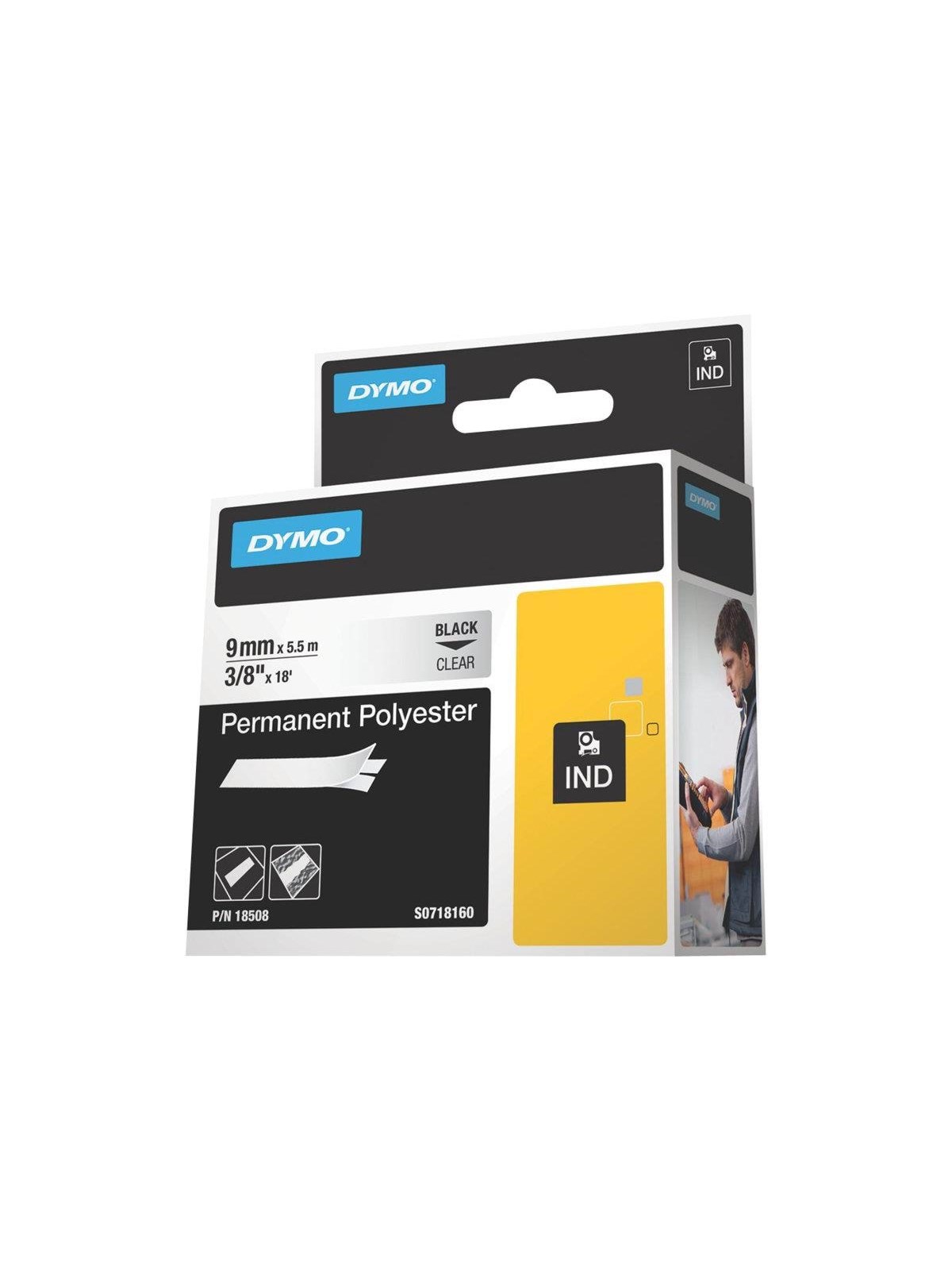 DYMO Dymo Rhino Industrieetiketten Permanent Polyester 9mm x 5.5m - Schwarz auf Transparent