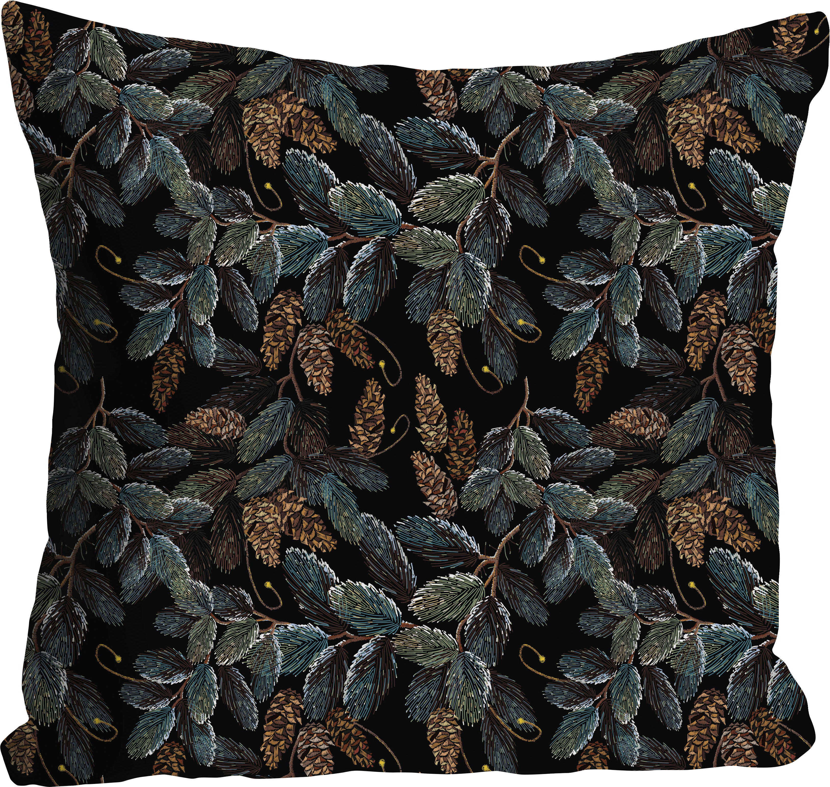 Dekokissen QUEENCE "Randi", grün (grün, braun, bedruckt), B:40cm L:40cm, Polyester, Dekokissen_Sitzkissen_Kissenhüllen, Dekokissen, Kissenhülle,Tannenzapfen,Winterlich,Weihnachten,Naturmotiv,Festlich