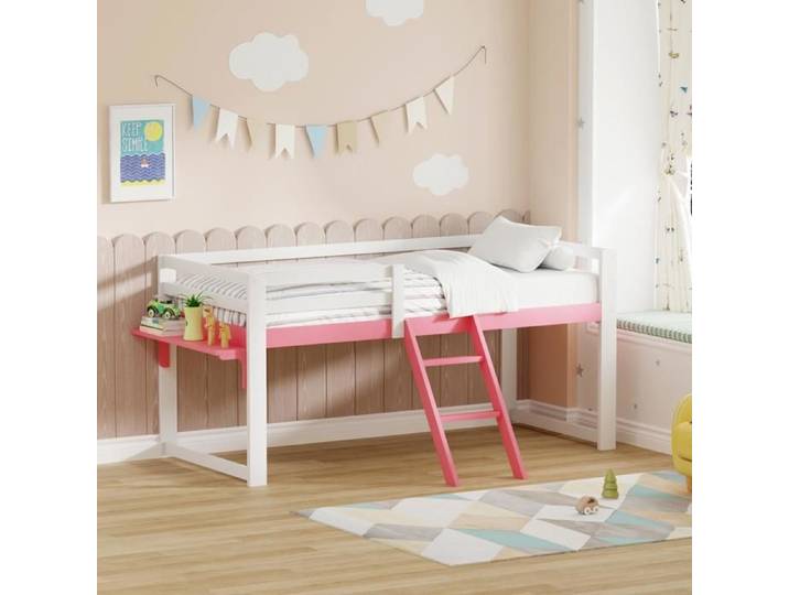 Lit Mezzanine 90x200cm - Lit Enfant en Pin Massif avec Échelle Barrière de Sécurité & Étagère - Rose