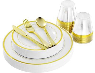 Elama 150 Piece Disposable Plastic Dinnerware Party Set for 25 Guests in White with Gold Trim