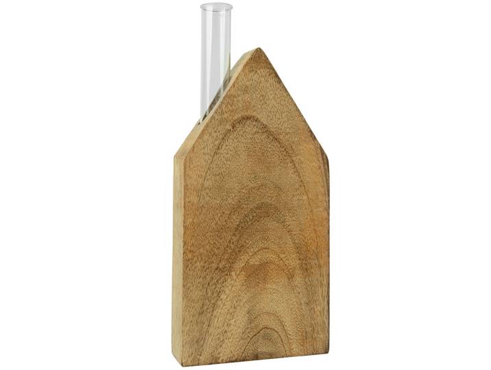 Aufsteller Haus mit Glasröhrchen, Blumenvase, Glas, Mangoholz, 9 x 18 x 3 cm