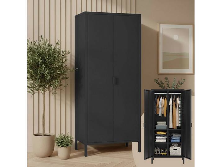 skølm Kleiderschrank Ituri aus Metall (Schwarz) Metallschrank mit 6 Fächern & 2 Kleiderstangen, 170x80x45 cm