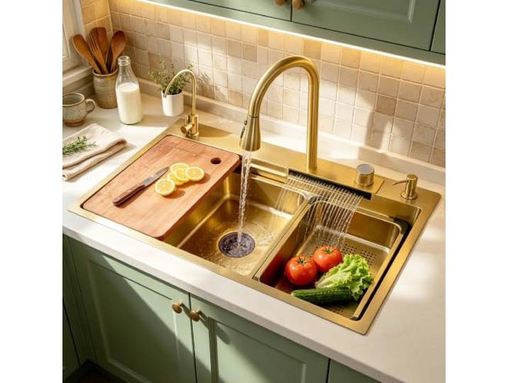 ATHOMASM Küchenspüle Gold-Optik Spüle 70x50cm Edelstahl rostfrei, Ausziehbarer Wasserhahn, Unterbau Multifunktionsspüle mit Wasserfall-Funktion, Komplett-Set
