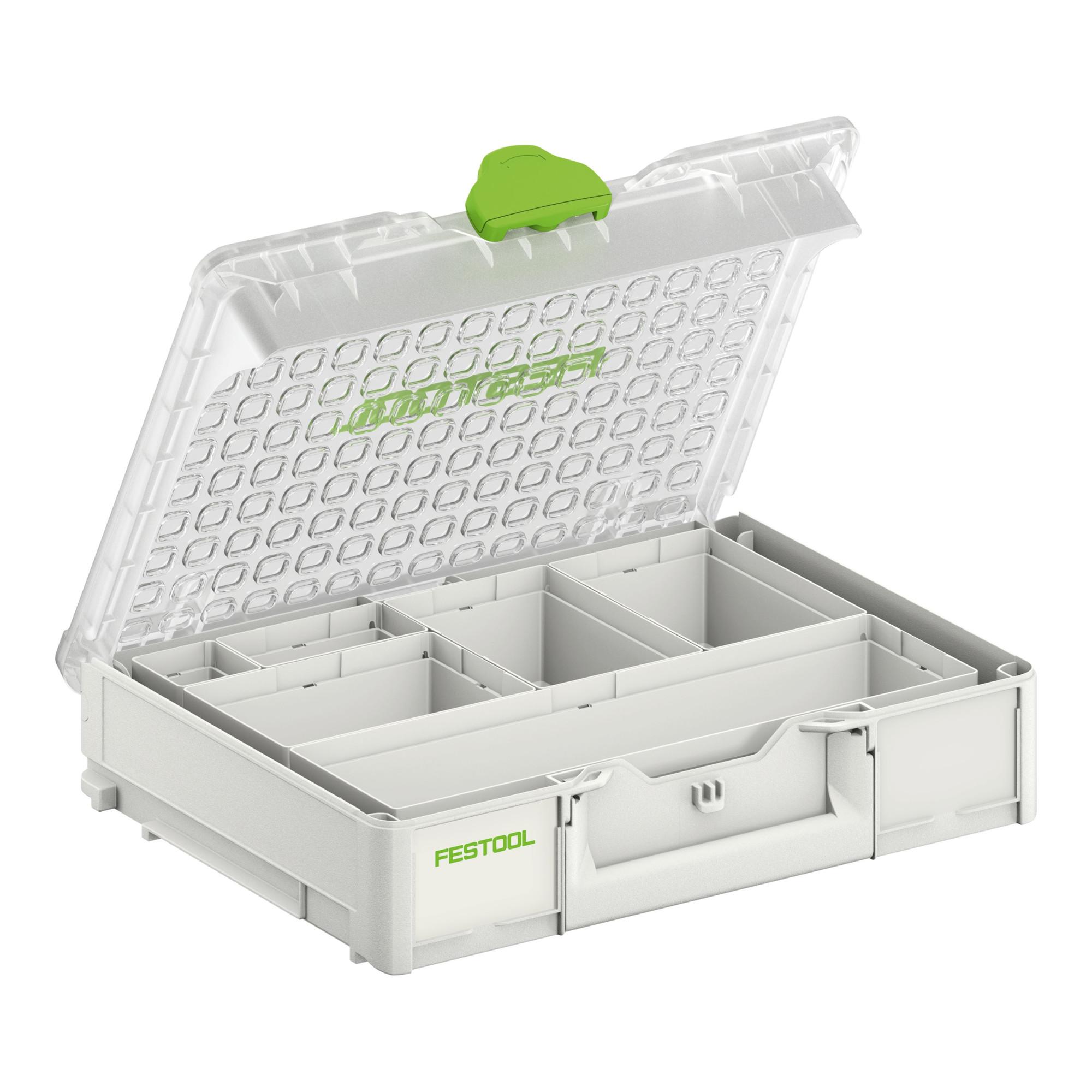 Festool SYS3 ORG M 89 6xESB Systainer³ Organizer mit transparentem Deckel und variabler Einteilung für die Aufbewahrung von Kleinteilen und Zubehör, inkl. sechs Einsteckschalen, 204854)