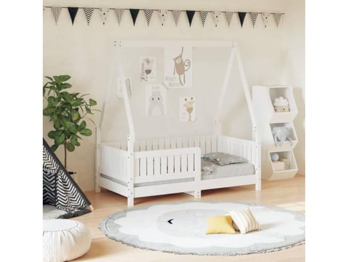 HGFDSAWE Kinderbett 70x140 cm Hausbett aus massivem Kiefernholz, Wei Rustikaler Look, Einfacher Ein- und Ausstieg, Stabile Holzlatten